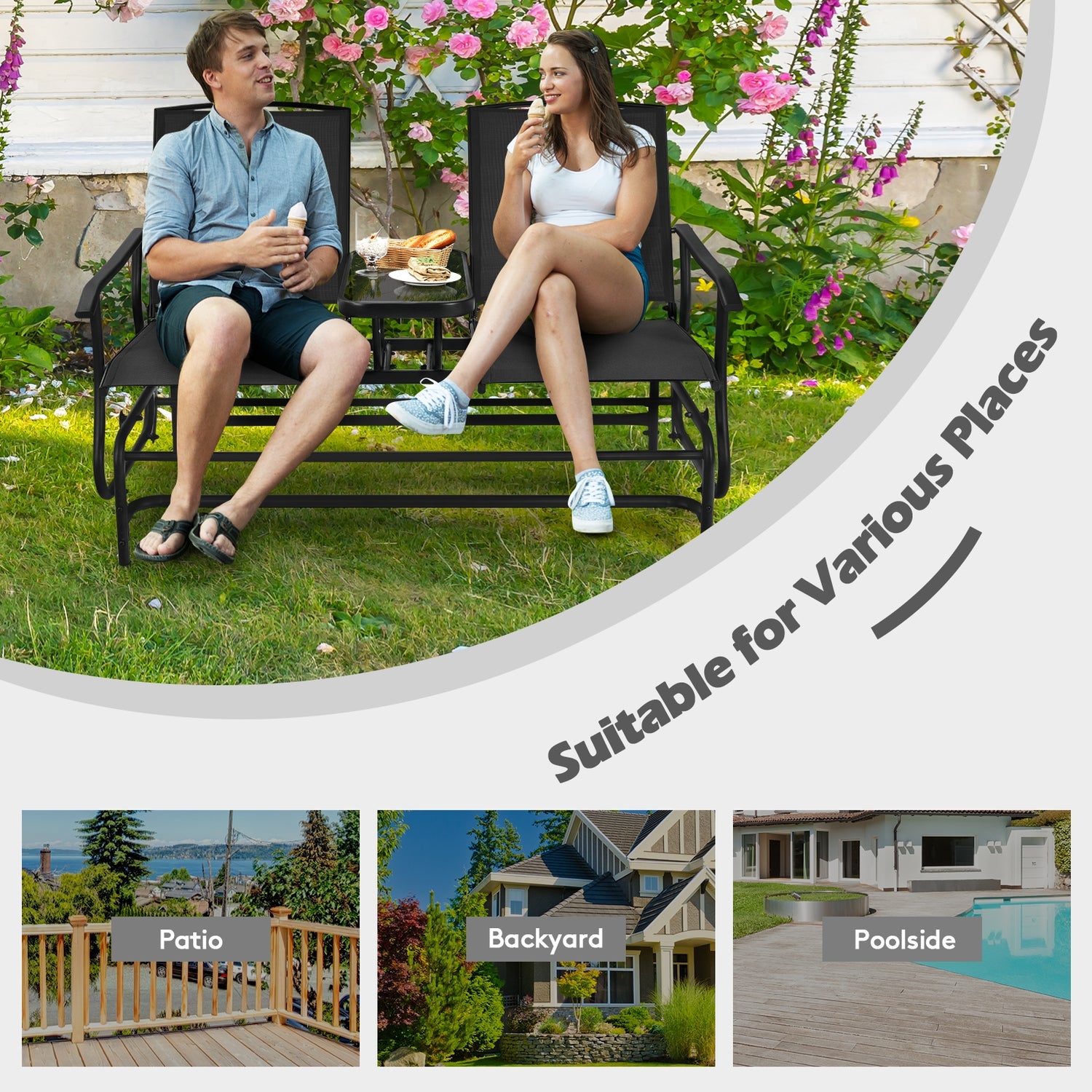 2-Person Rocking Loveseat with Mesh Fabric and Tempered Glass Table