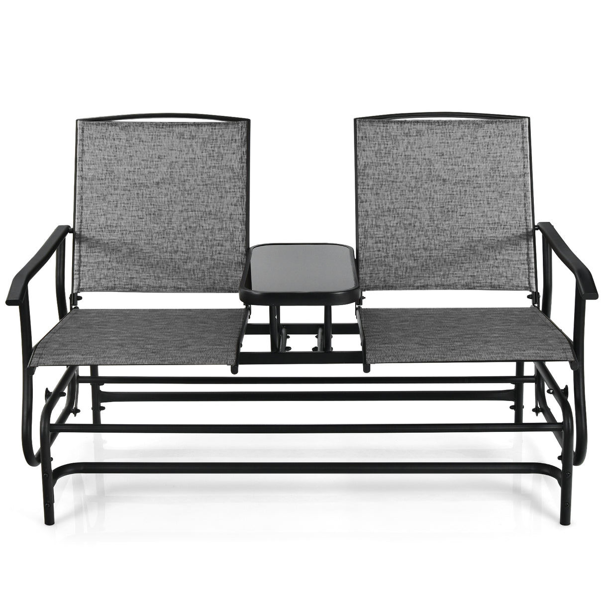 2-Person Rocking Loveseat with Mesh Fabric and Tempered Glass Table