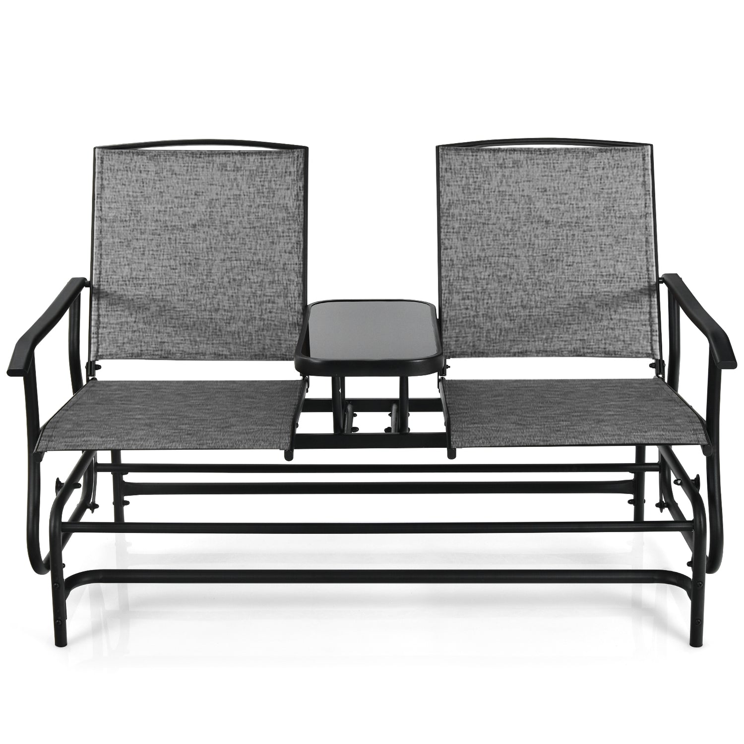 2-Person Rocking Loveseat with Mesh Fabric and Tempered Glass Table