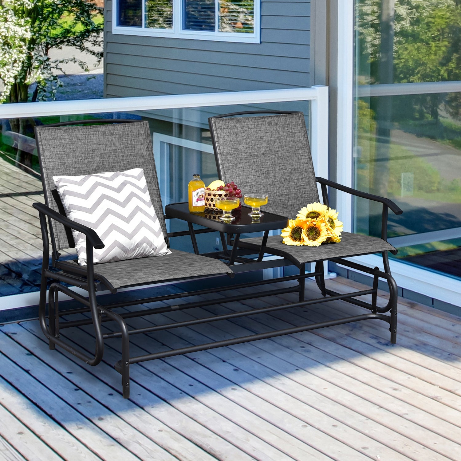 2-Person Rocking Loveseat with Mesh Fabric and Tempered Glass Table