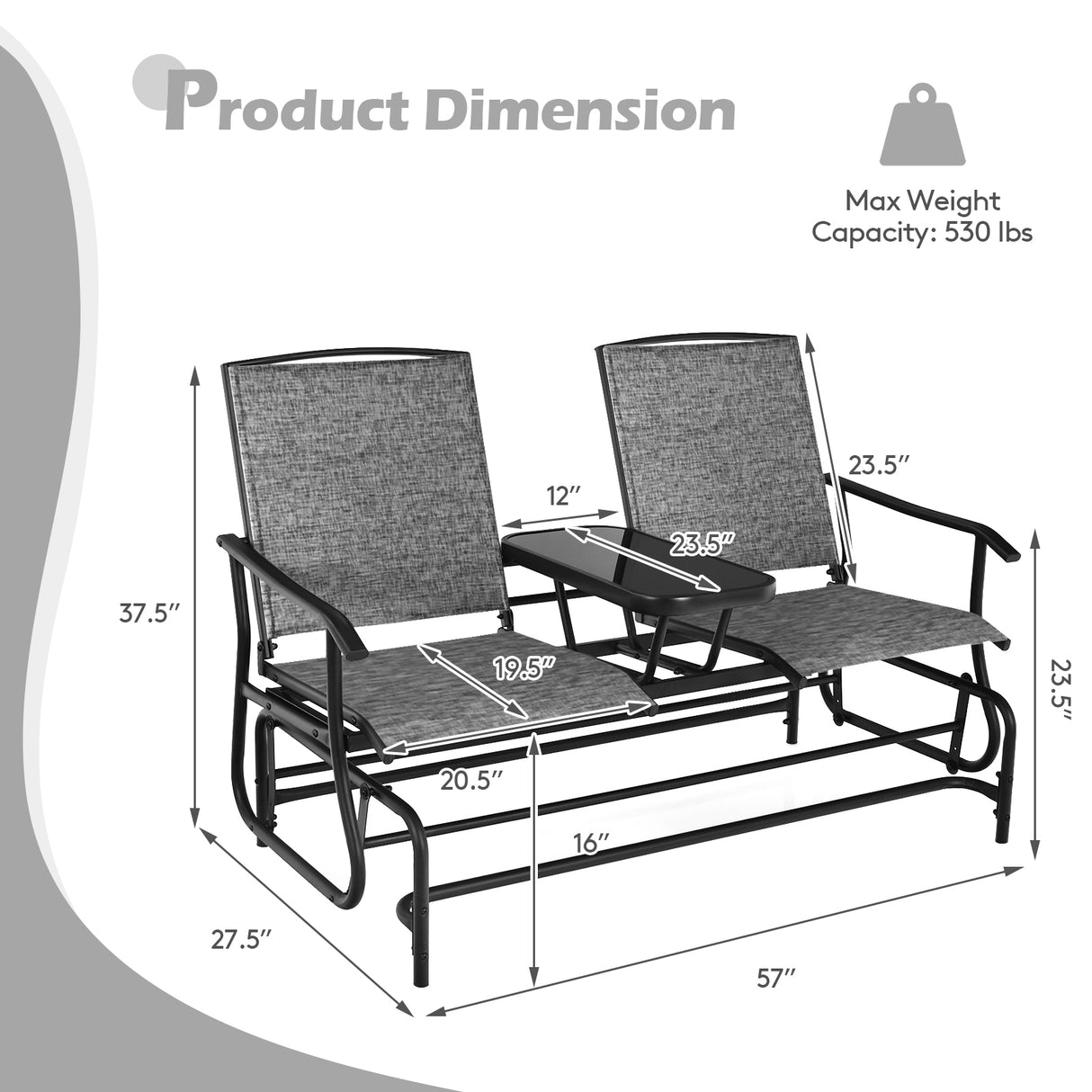 2-Person Rocking Loveseat with Mesh Fabric and Tempered Glass Table