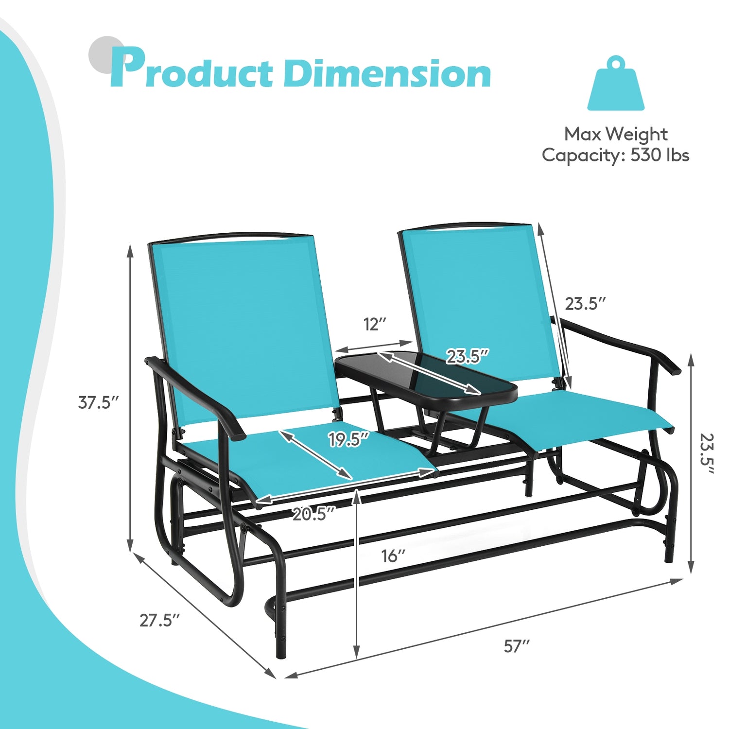2-Person Rocking Loveseat with Mesh Fabric and Tempered Glass Table