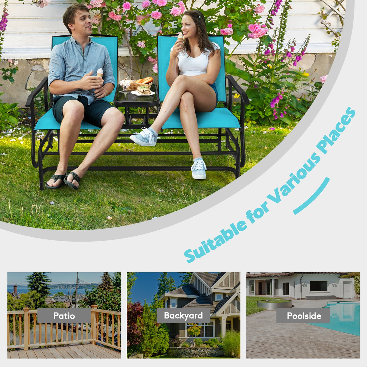 2-Person Rocking Loveseat with Mesh Fabric and Tempered Glass Table