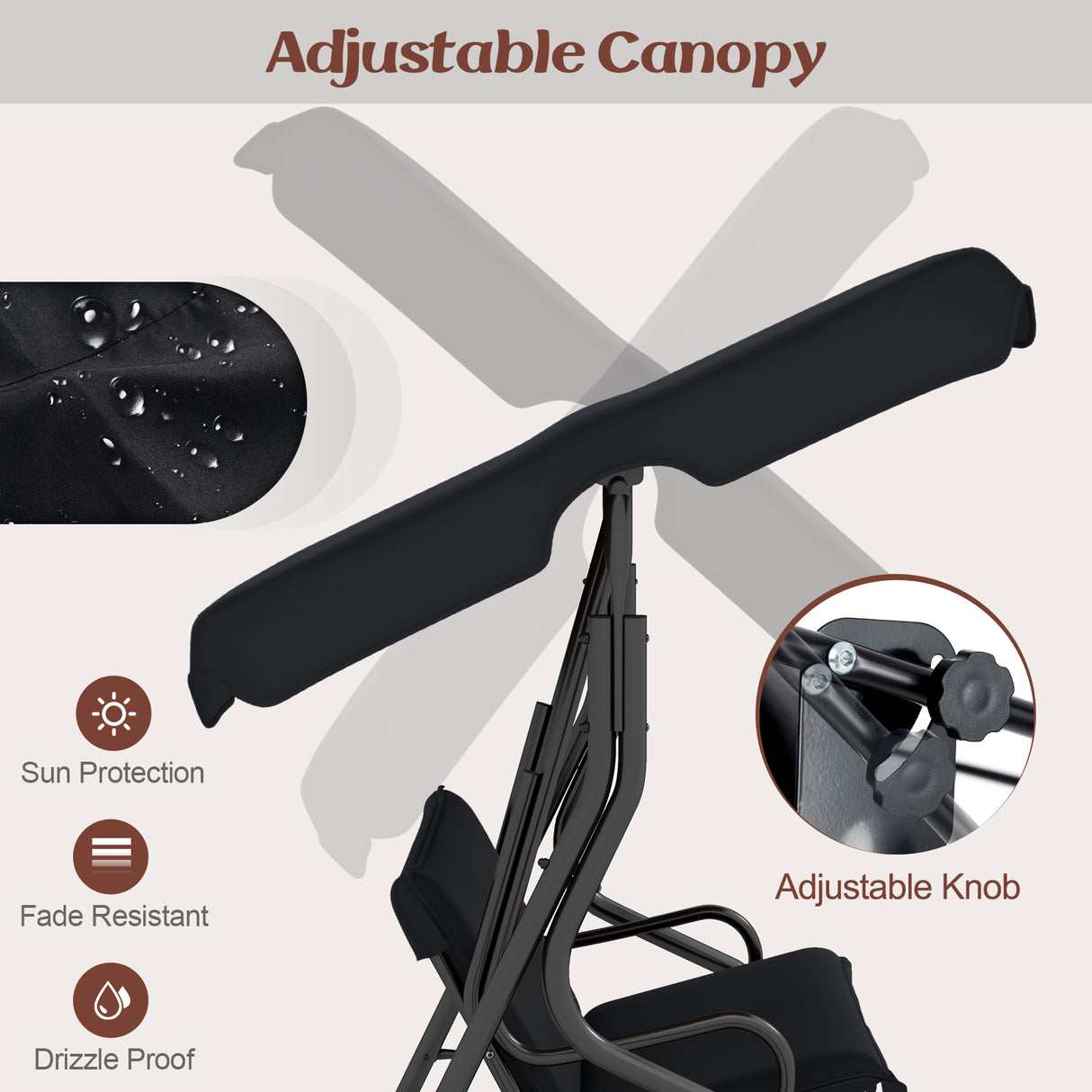 3 Seat Outdoor Patio Canopy Swing with Cushioned Steel Frame