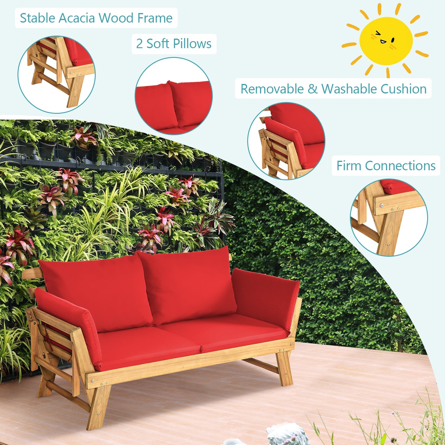 Patio Convertible Solid Wood Sofa with Cushion