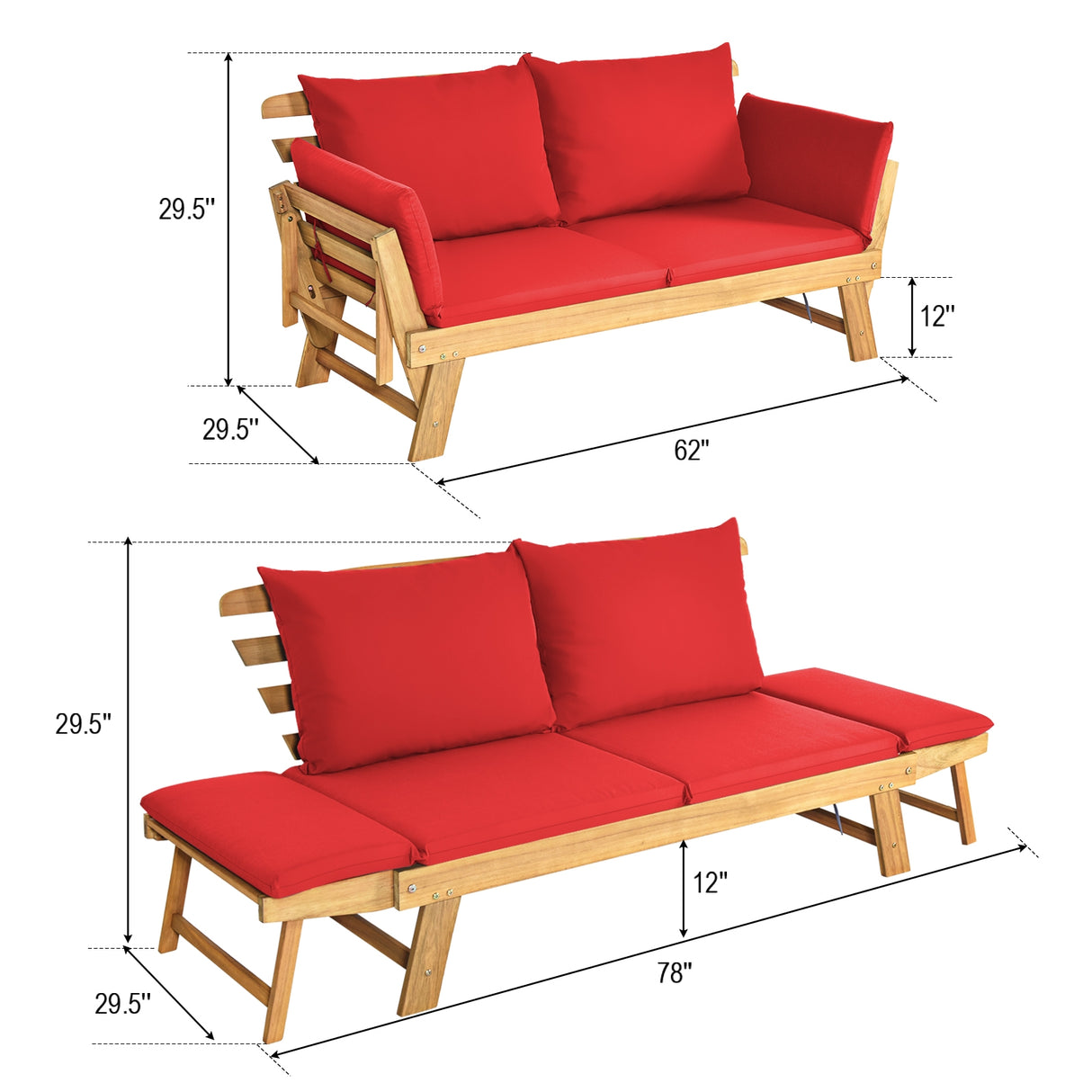 Patio Convertible Solid Wood Sofa with Cushion