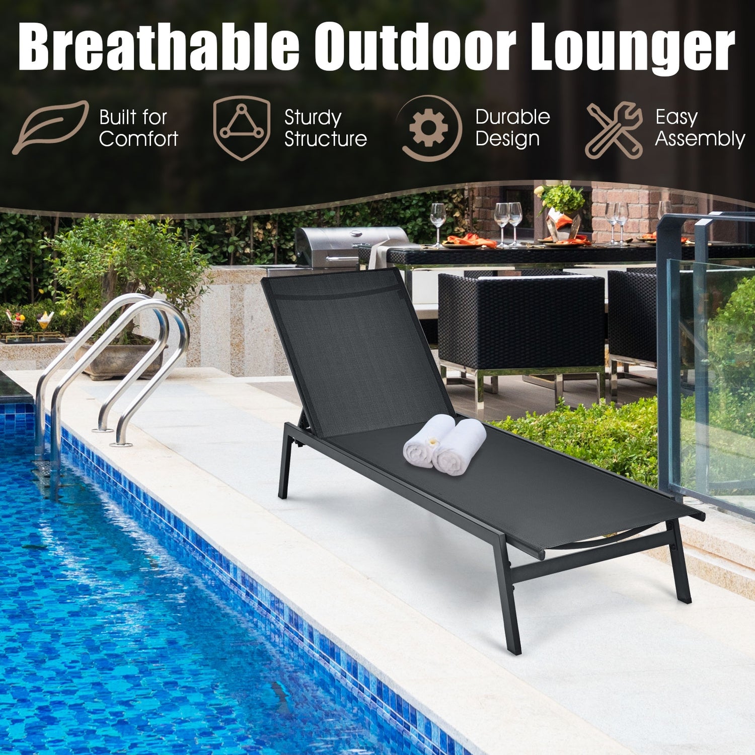 Outdoor Reclining Chaise Lounge Chair with 6-Position Adjustable Back