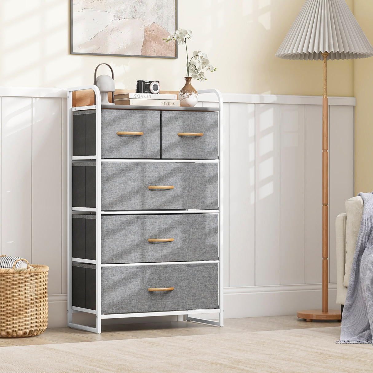 4-Tier Organizer Tower Steel Frame Wooden Top Storage with 5-Drawer Dresser