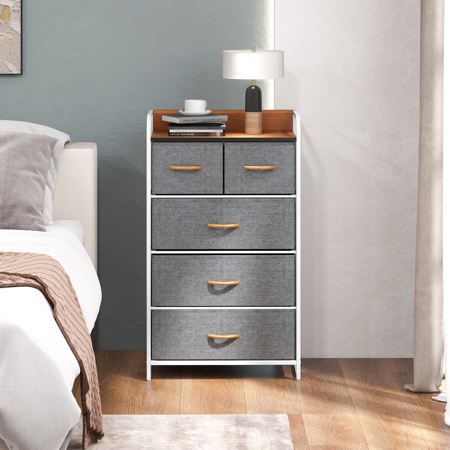 4-Tier Organizer Tower Steel Frame Wooden Top Storage with 5-Drawer Dresser