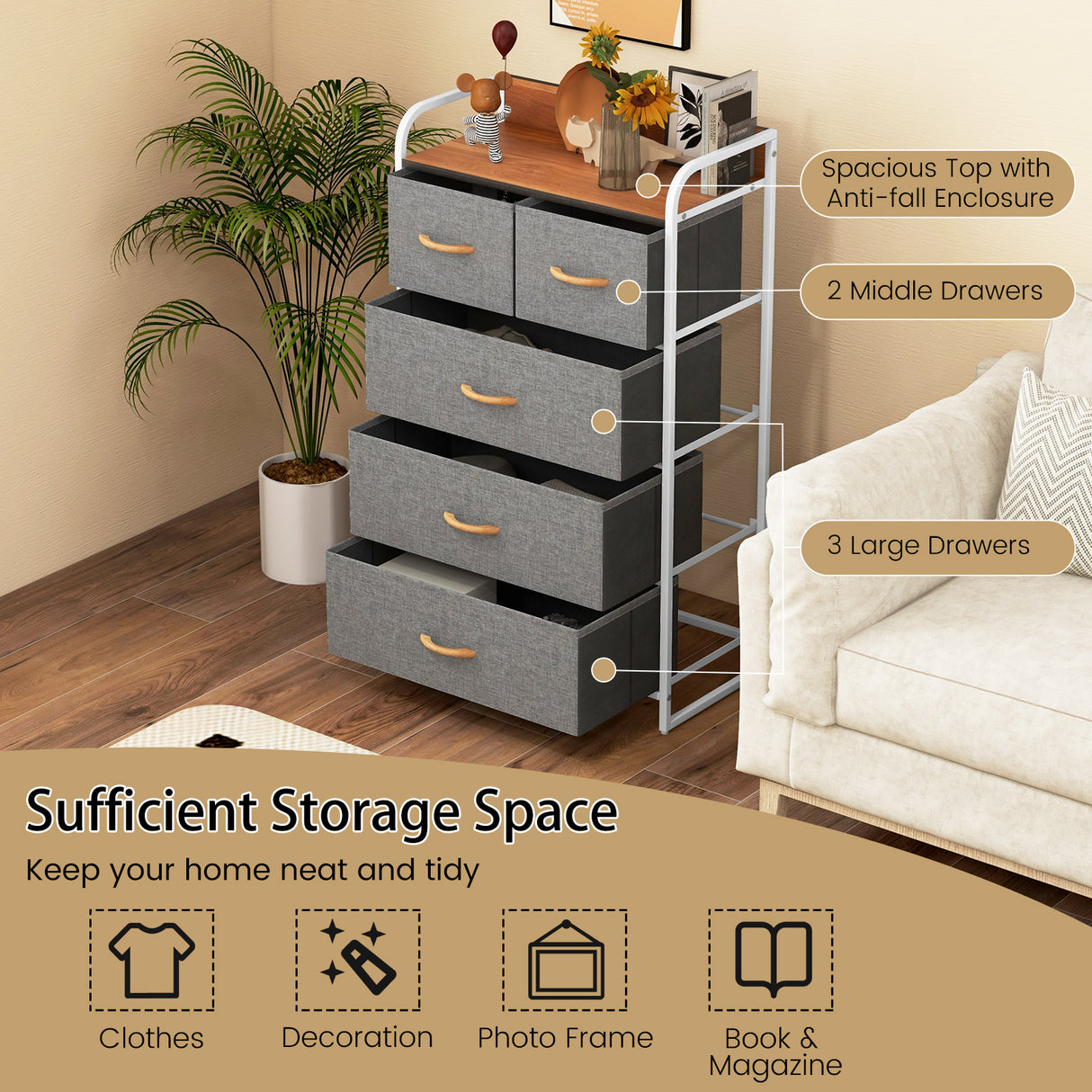 4-Tier Organizer Tower Steel Frame Wooden Top Storage with 5-Drawer Dresser