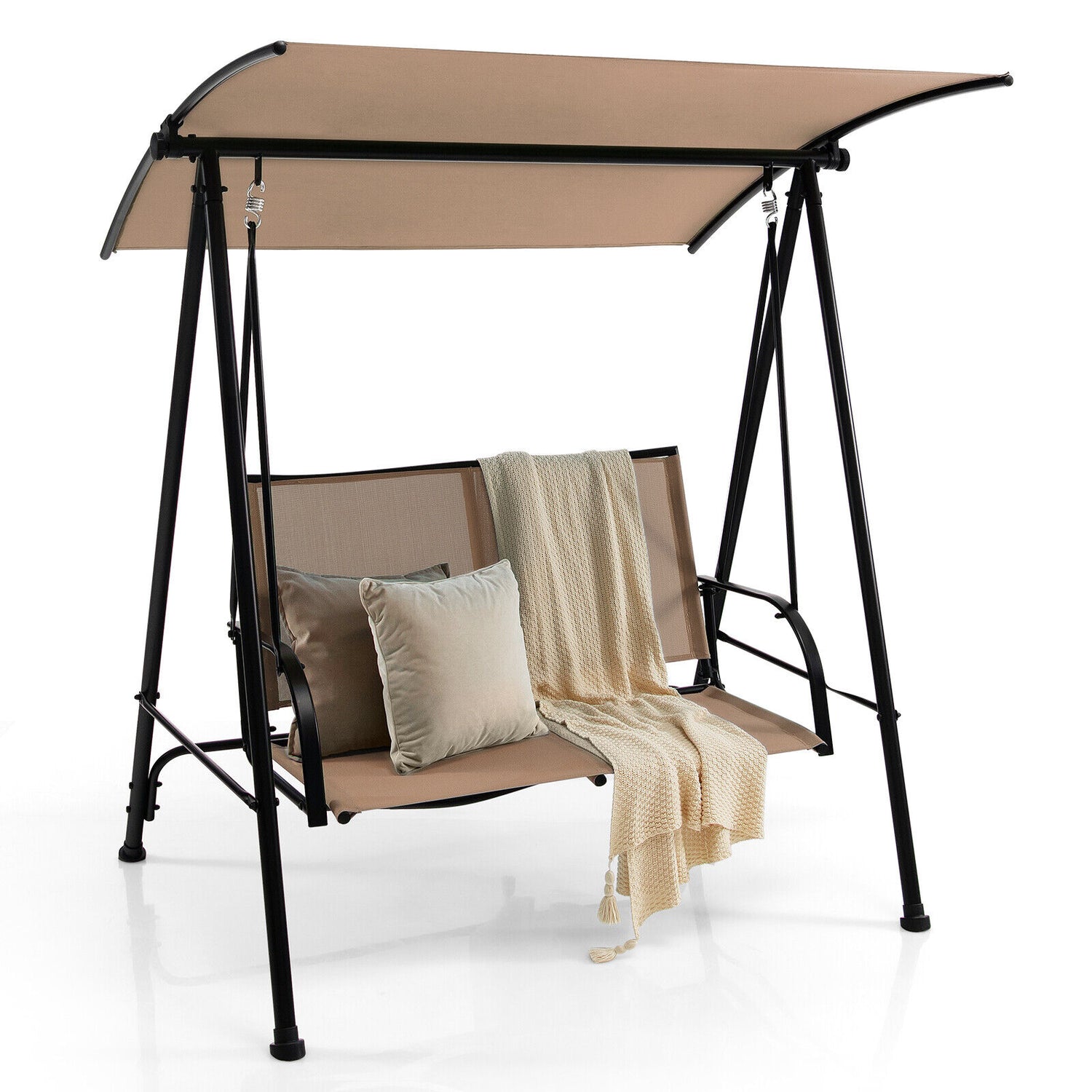 2-Seat Outdoor Canopy Swing with Comfortable Fabric Seat and Heavy-duty Metal Frame