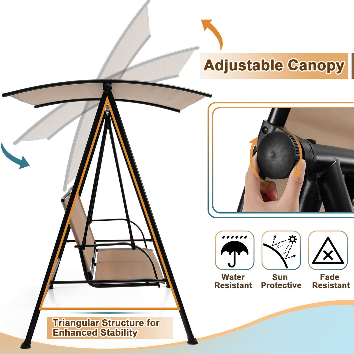 2-Seat Outdoor Canopy Swing with Comfortable Fabric Seat and Heavy-duty Metal Frame