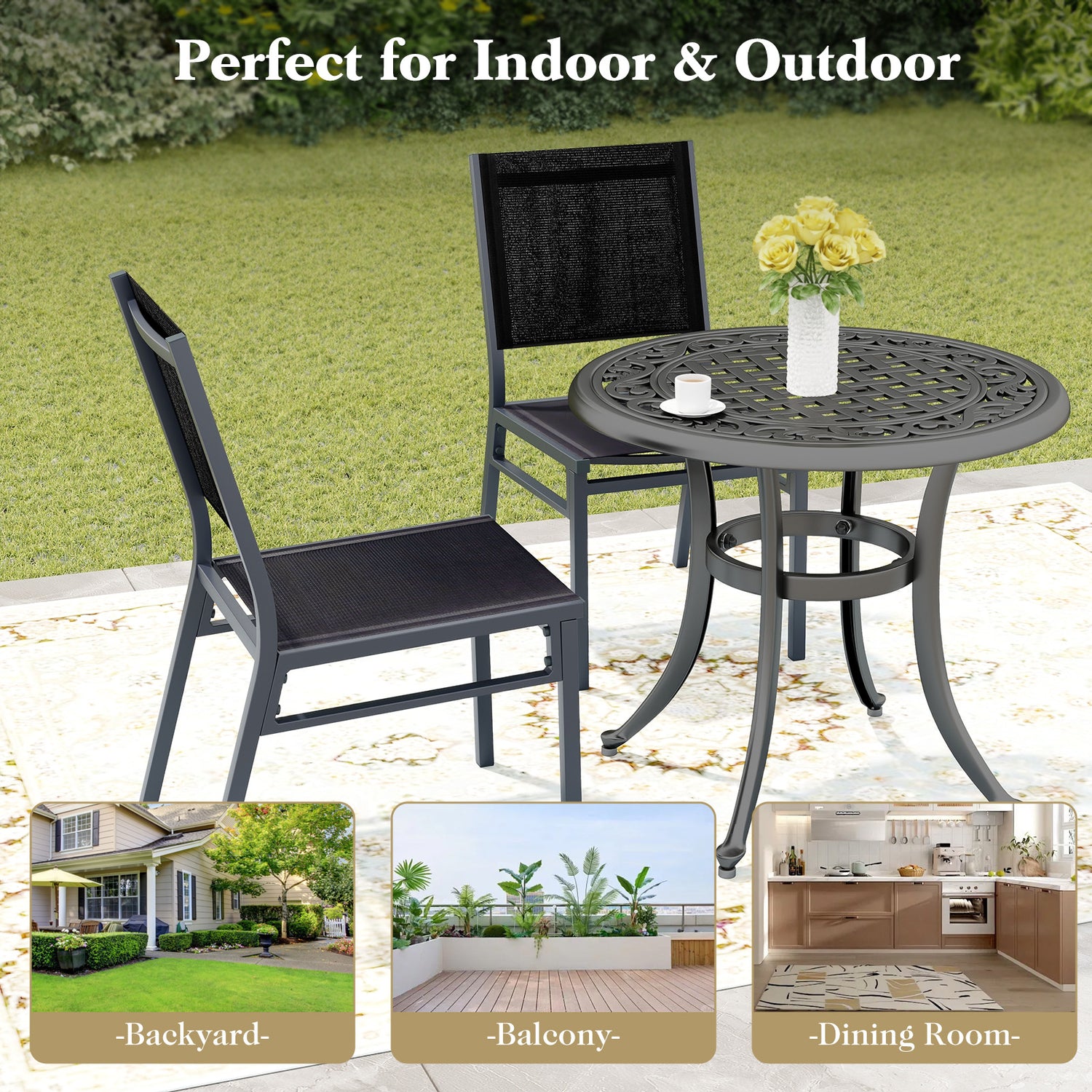 Outdoor Dining Chairs with Breathable Seat and Backrest for Backyard Porch Poolside