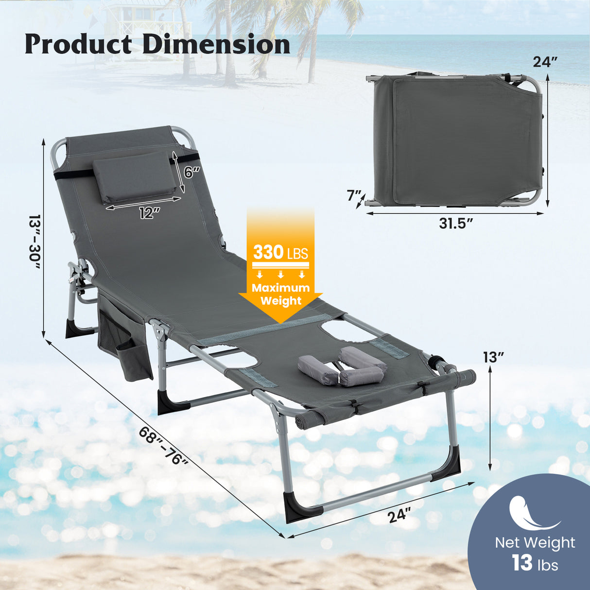 5-position Outdoor Folding Chaise Lounge Chair