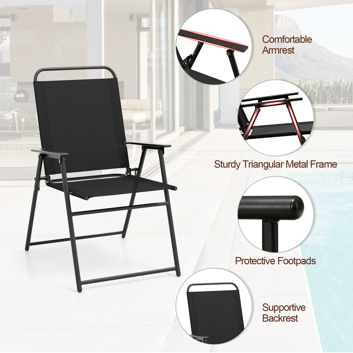 Set of 2 Outdoor Folding Sling Chairs with Armrest and Backrest