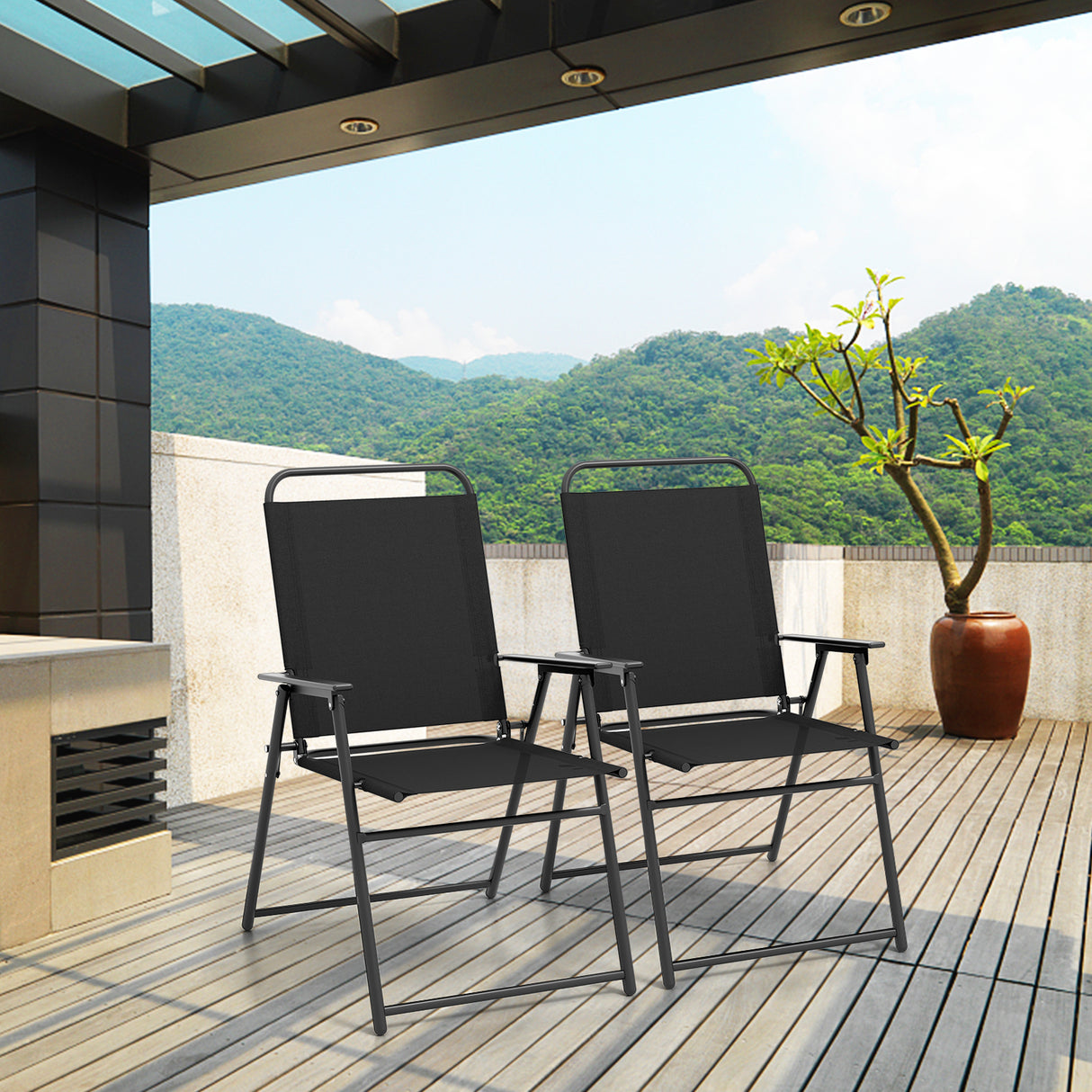 Set of 2 Outdoor Folding Sling Chairs with Armrest and Backrest
