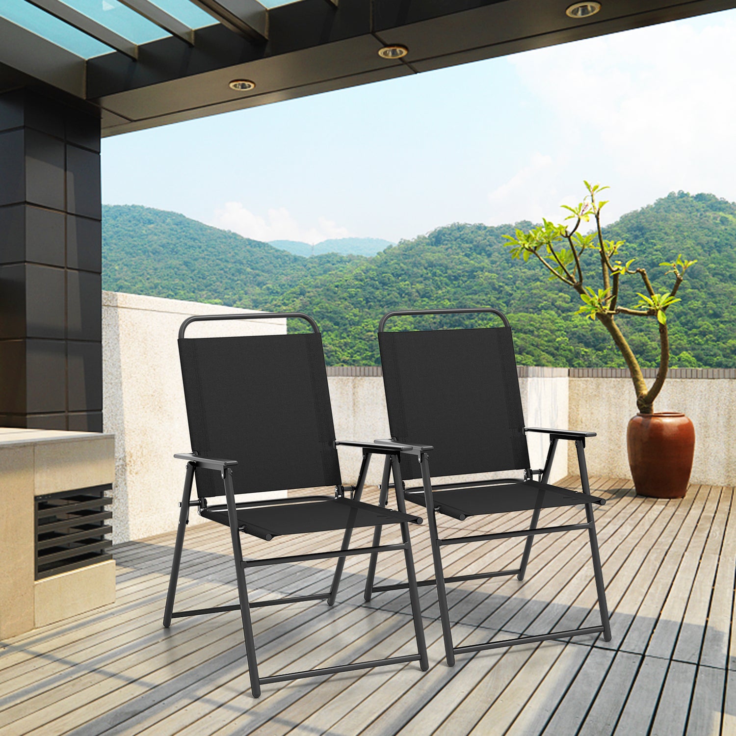 Set of 2 Outdoor Folding Sling Chairs with Armrest and Backrest