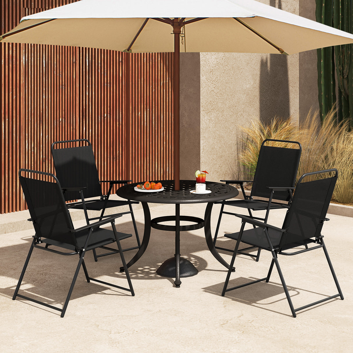 Set of 2 Outdoor Folding Sling Chairs with Armrest and Backrest