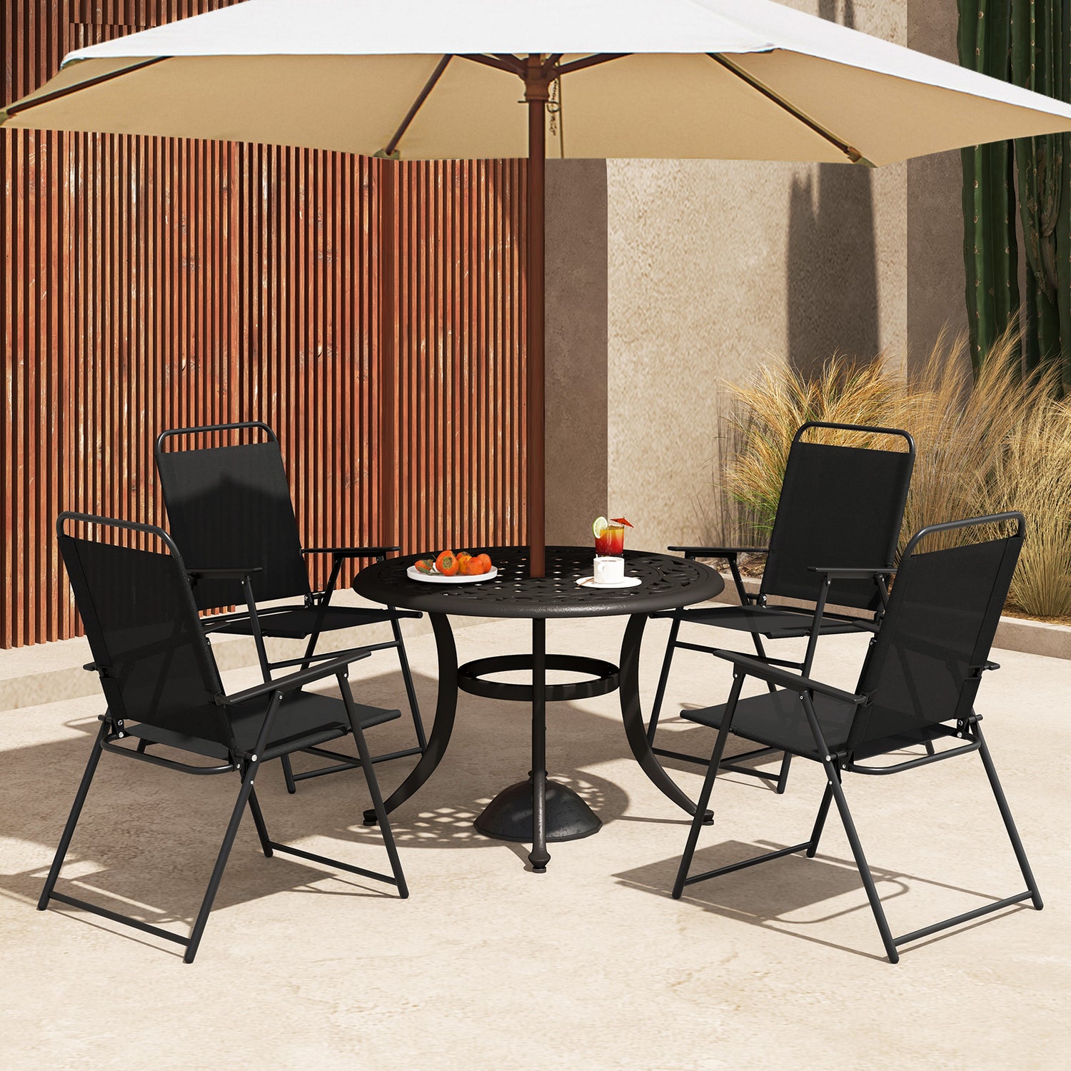 Set of 2 Outdoor Folding Sling Chairs with Armrest and Backrest