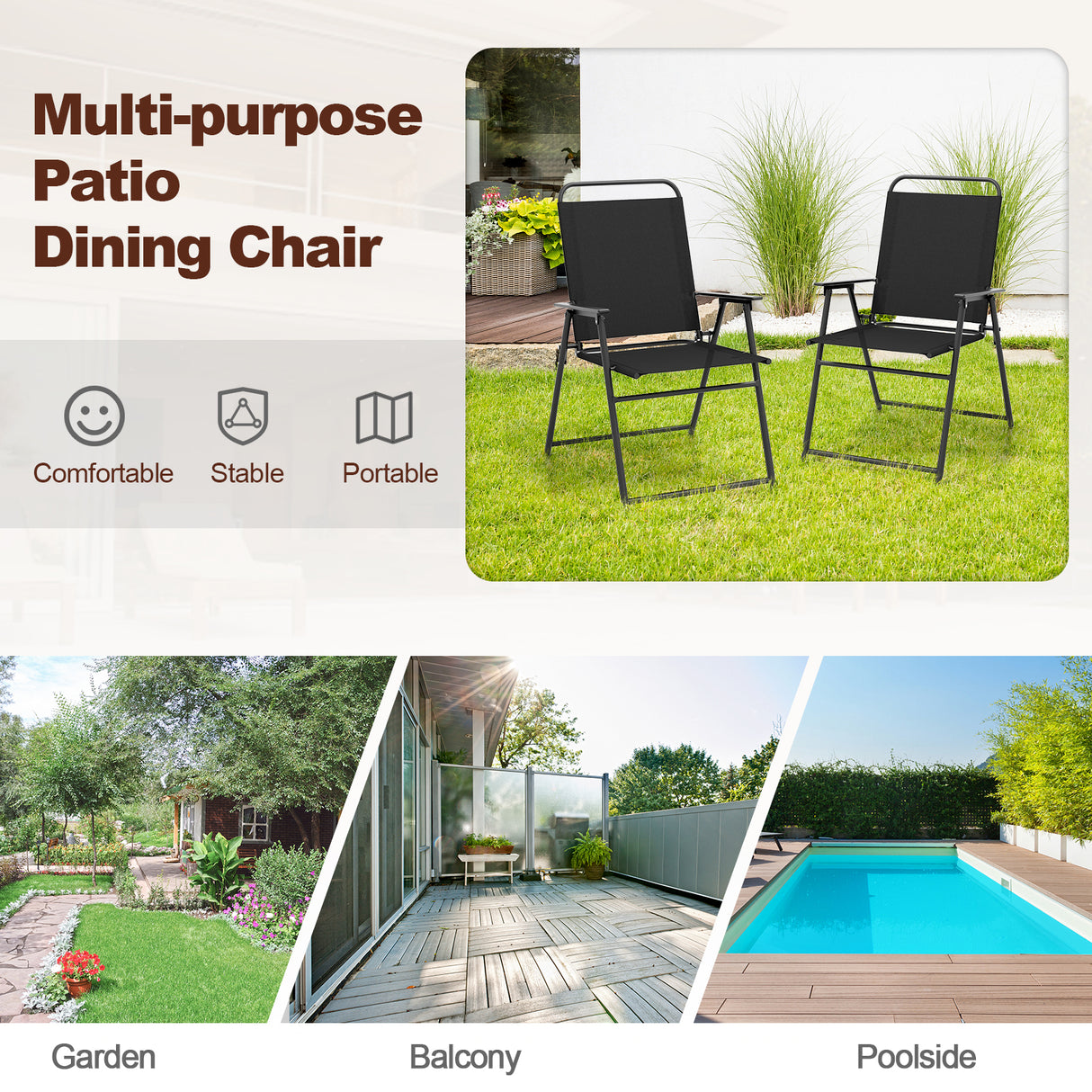 Set of 2 Outdoor Folding Sling Chairs with Armrest and Backrest