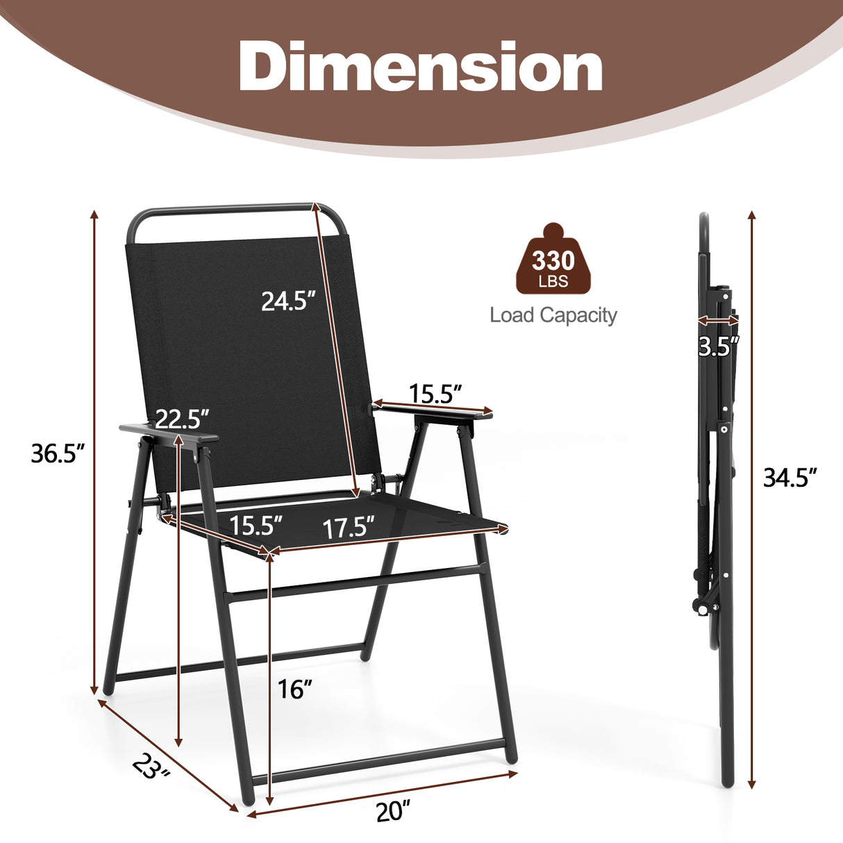 Set of 2 Outdoor Folding Sling Chairs with Armrest and Backrest