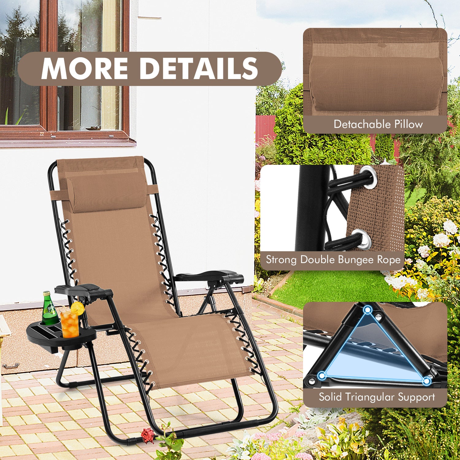 Outdoor Folding Zero Gravity Reclining Lounge Chair with Utility Tray