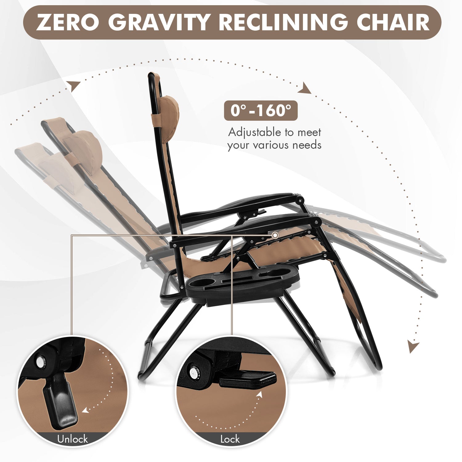 Outdoor Folding Zero Gravity Reclining Lounge Chair with Utility Tray
