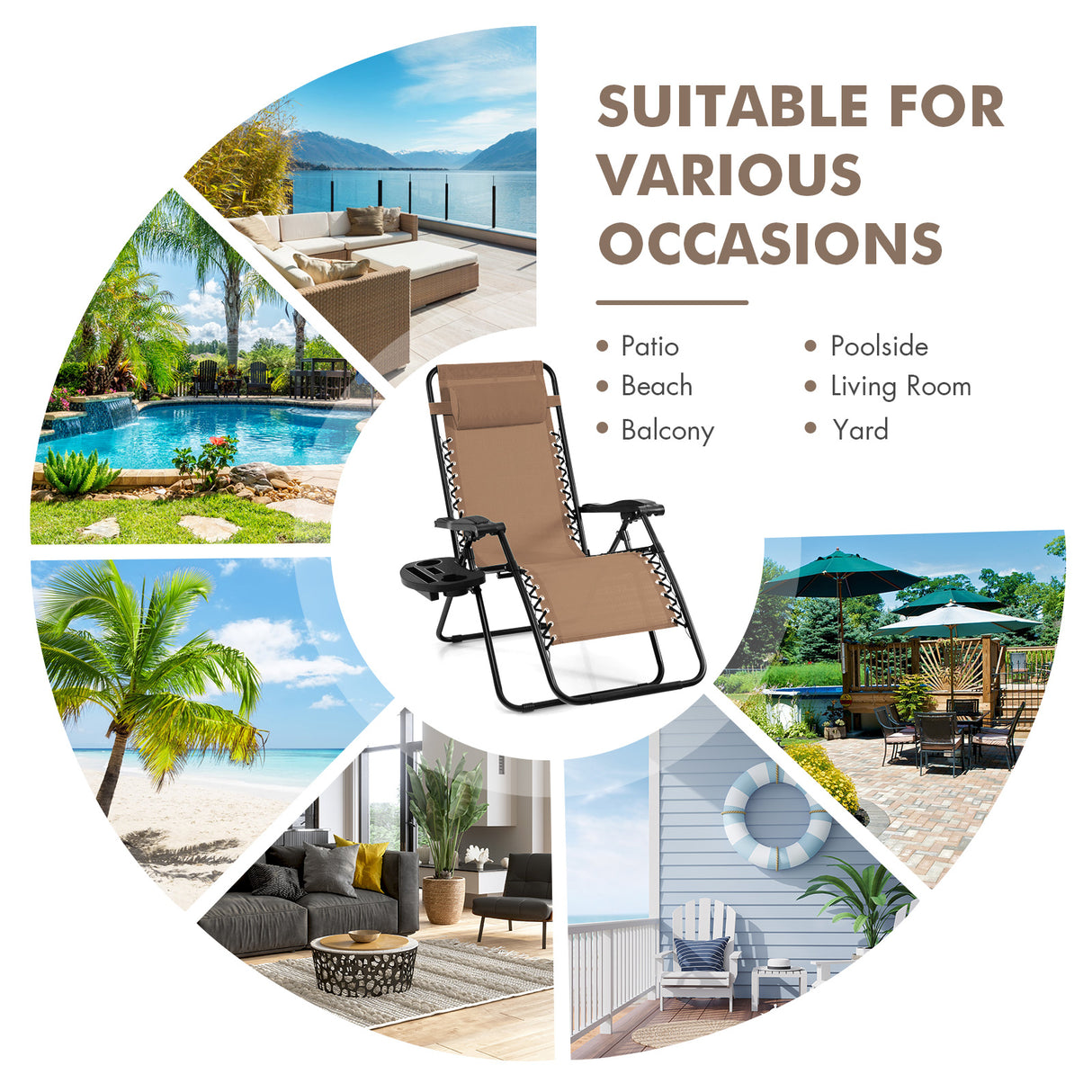 Outdoor Folding Zero Gravity Reclining Lounge Chair with Utility Tray