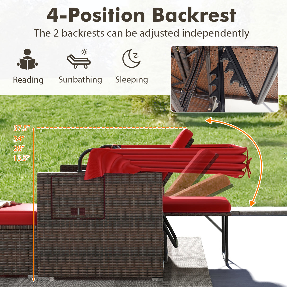 Outdoor Patio Rattan Daybed with Retractable Canopy and Adjustable Backrests