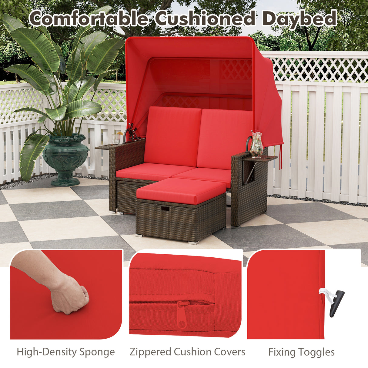 Outdoor Patio Rattan Daybed with Retractable Canopy and Adjustable Backrests