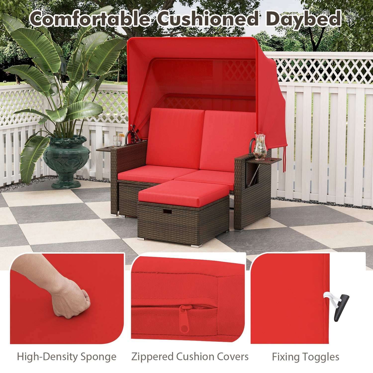 Outdoor Patio Rattan Daybed with Retractable Canopy and Adjustable Backrests