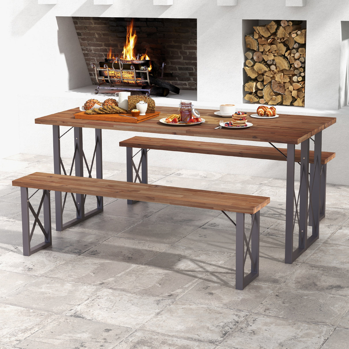 Outdoor Picnic Bench Set Solid Acacia Wood Patio Rectangular Benches