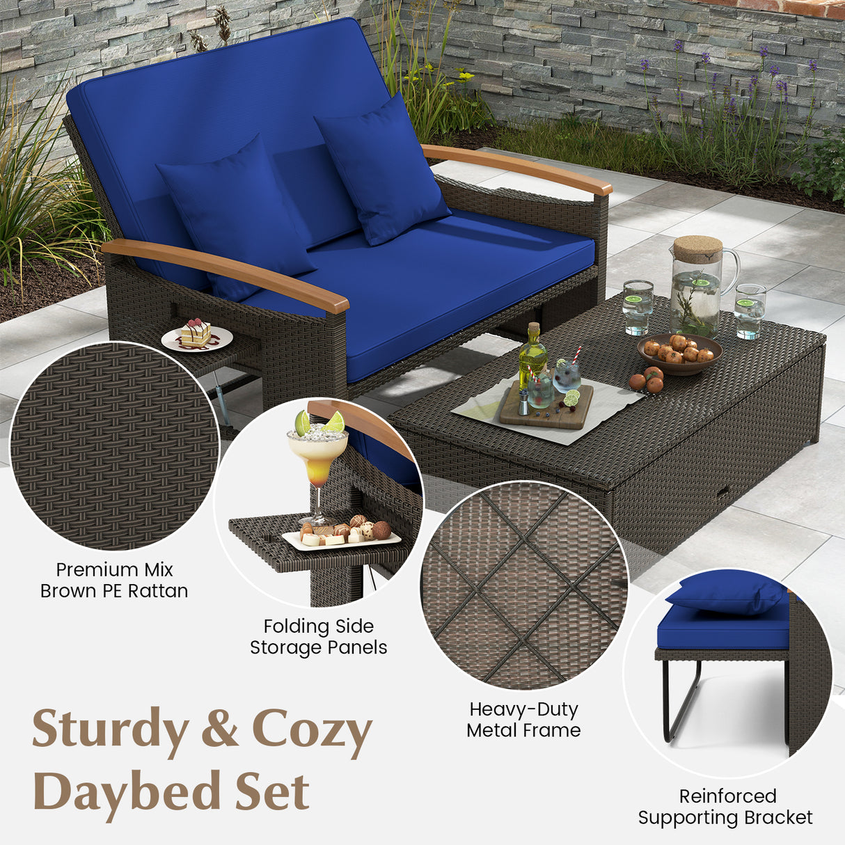 Outdoor Wicker Daybed with Folding Panels and Storage Ottoman