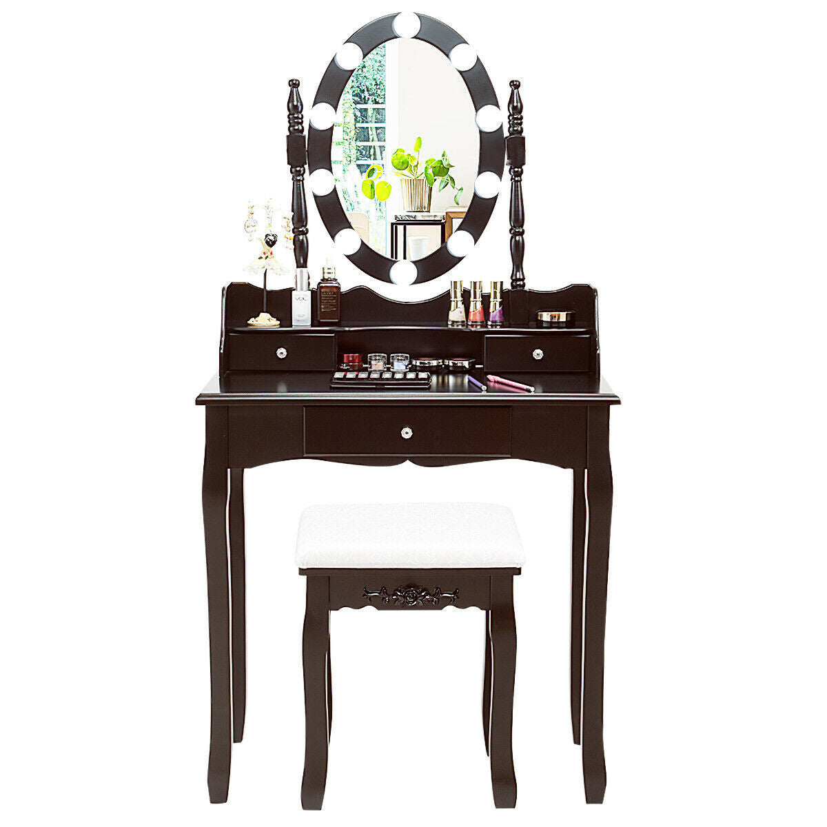 Oval Mirror Vanity Set with 10 LED Dimmable Bulbs and 3 Drawers