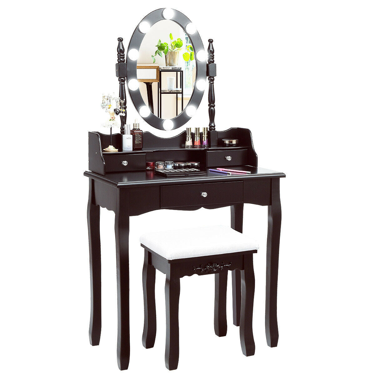 Oval Mirror Vanity Set with 10 LED Dimmable Bulbs and 3 Drawers