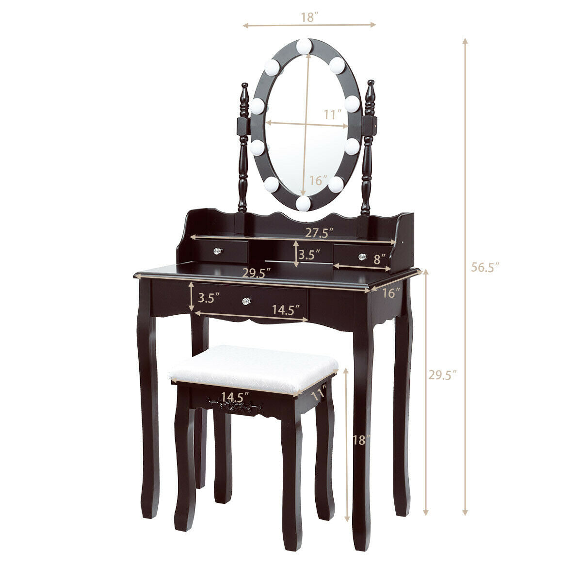 Oval Mirror Vanity Set with 10 LED Dimmable Bulbs and 3 Drawers