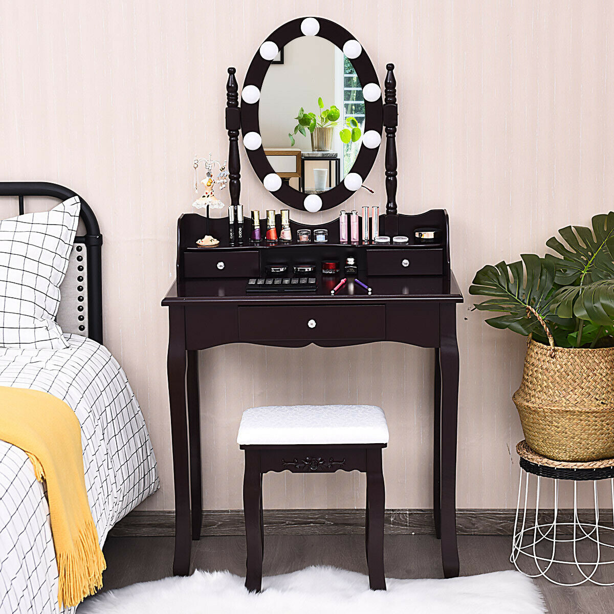 Oval Mirror Vanity Set with 10 LED Dimmable Bulbs and 3 Drawers