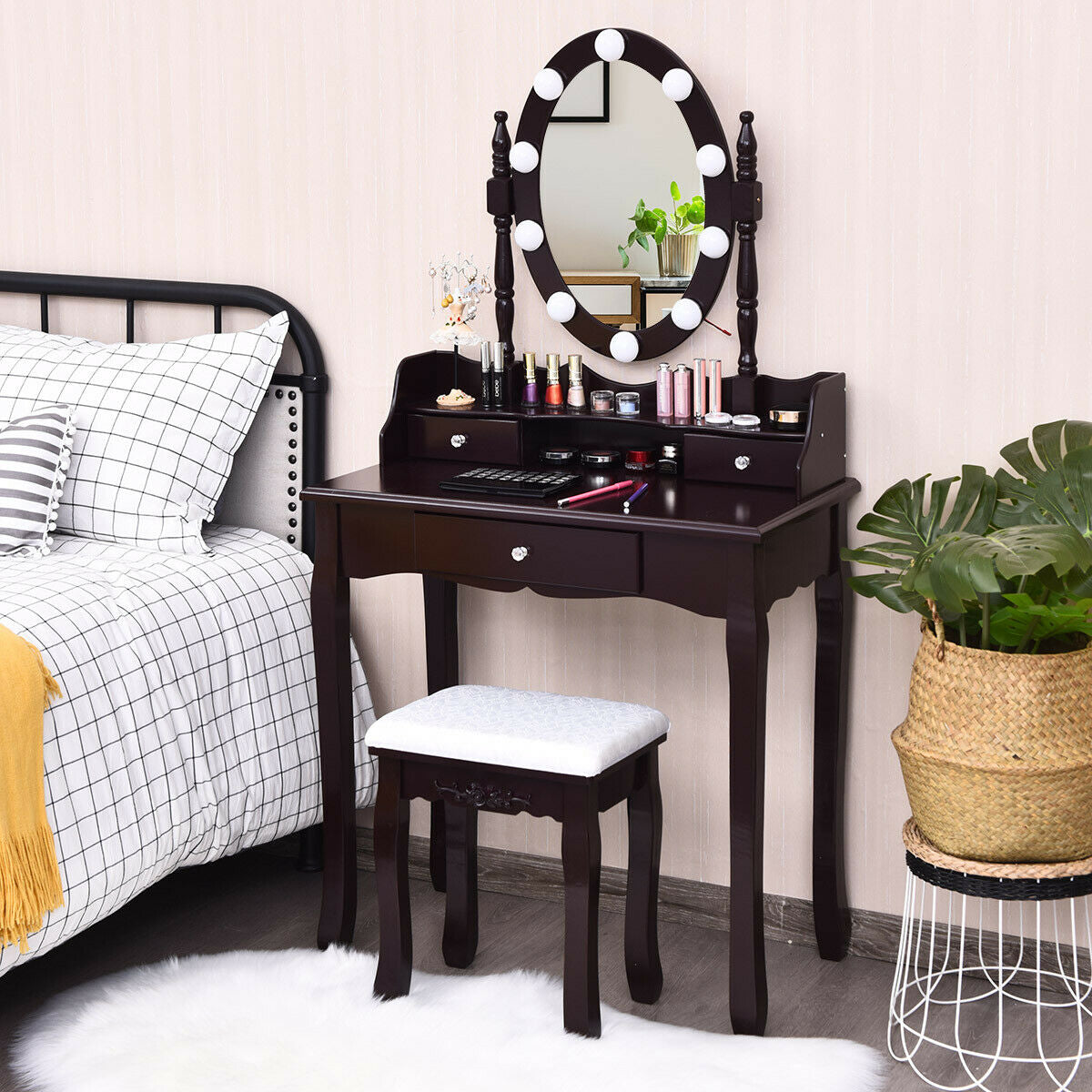 Oval Mirror Vanity Set with 10 LED Dimmable Bulbs and 3 Drawers