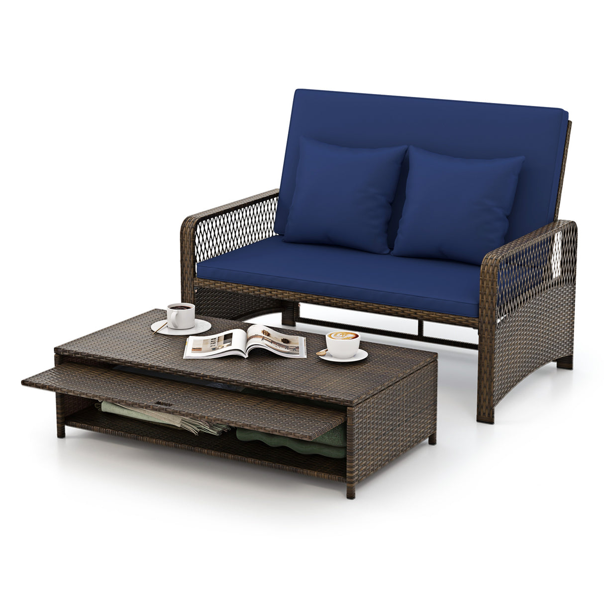 Patio Adjustable Wicker Daybed with 4-Level Backrest and Soft Cushions