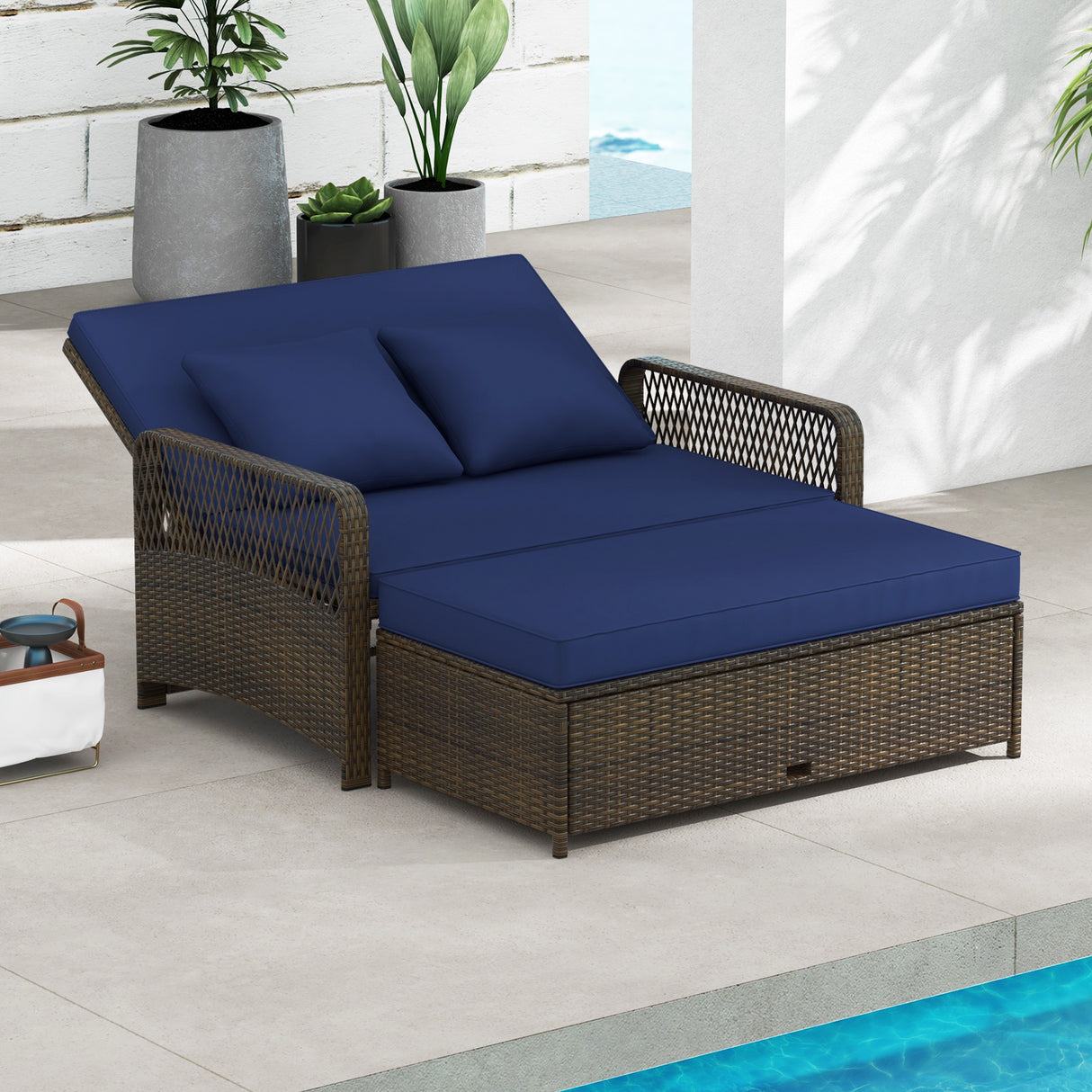Patio Adjustable Wicker Daybed with 4-Level Backrest and Soft Cushions