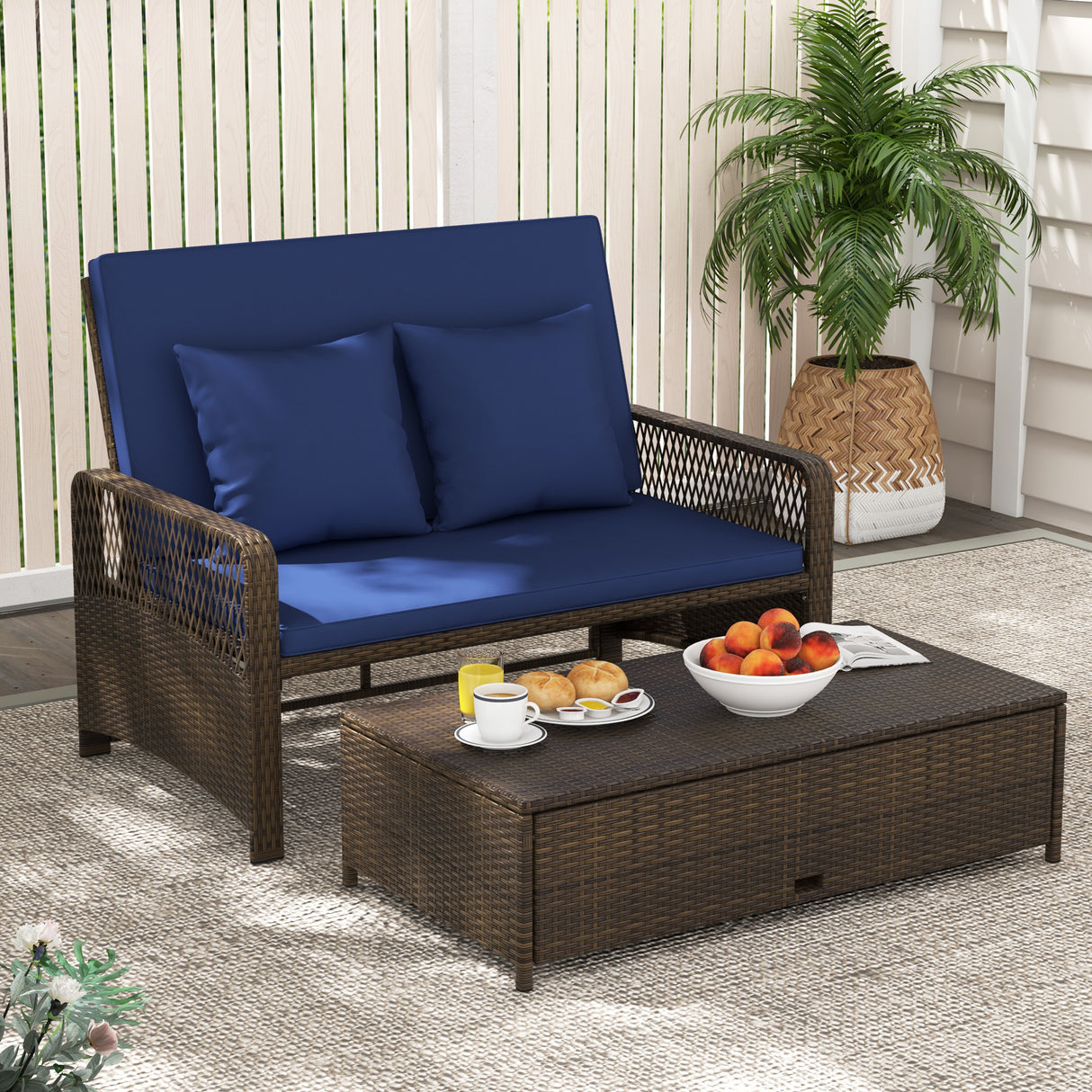 Patio Adjustable Wicker Daybed with 4-Level Backrest and Soft Cushions