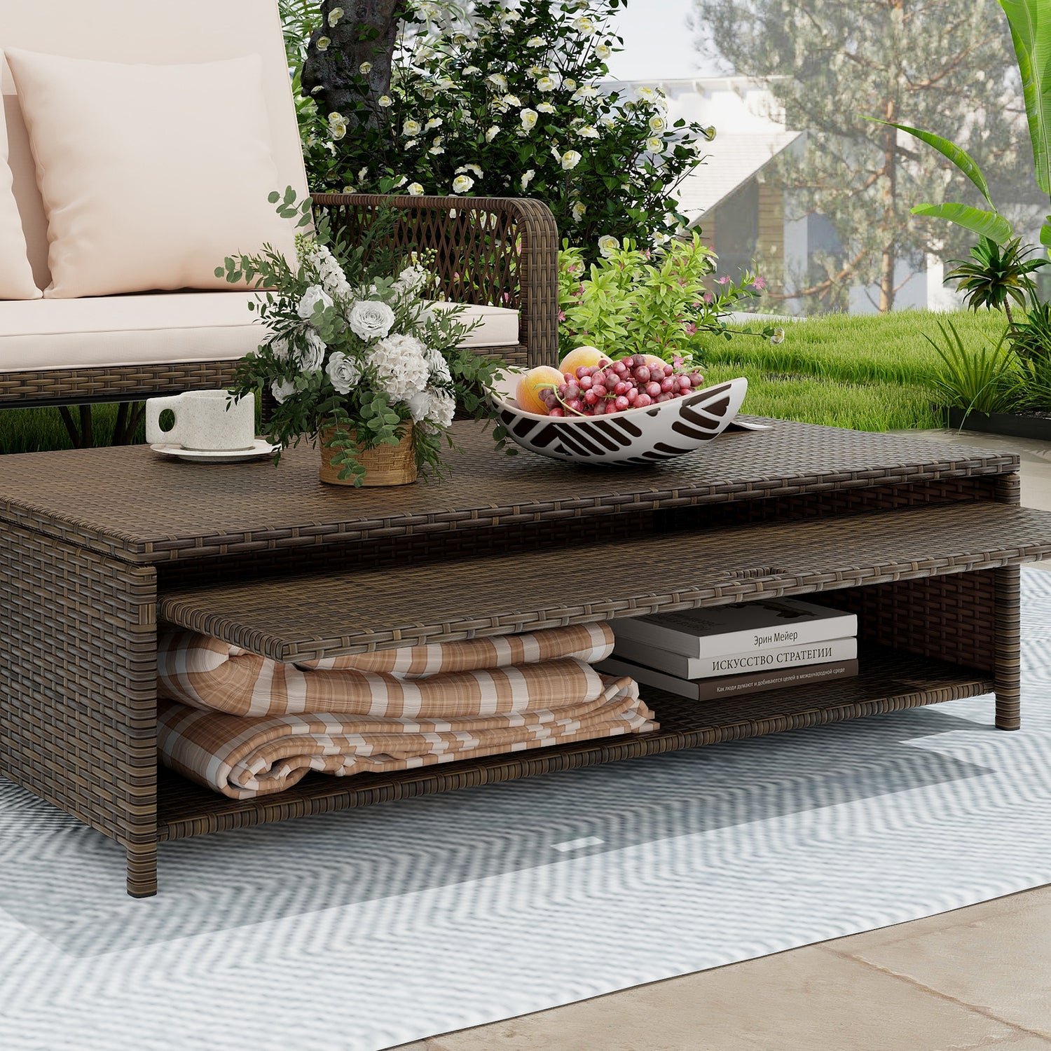 Patio Adjustable Wicker Daybed with 4-Level Backrest and Soft Cushions