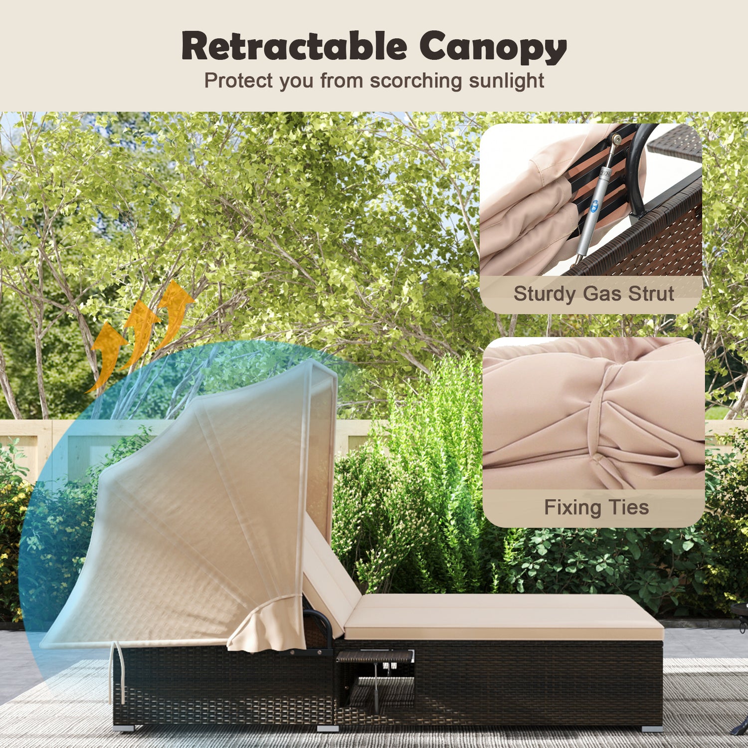 Patio Double Chaise Lounge with Shade Cushions and Folding Side Trays