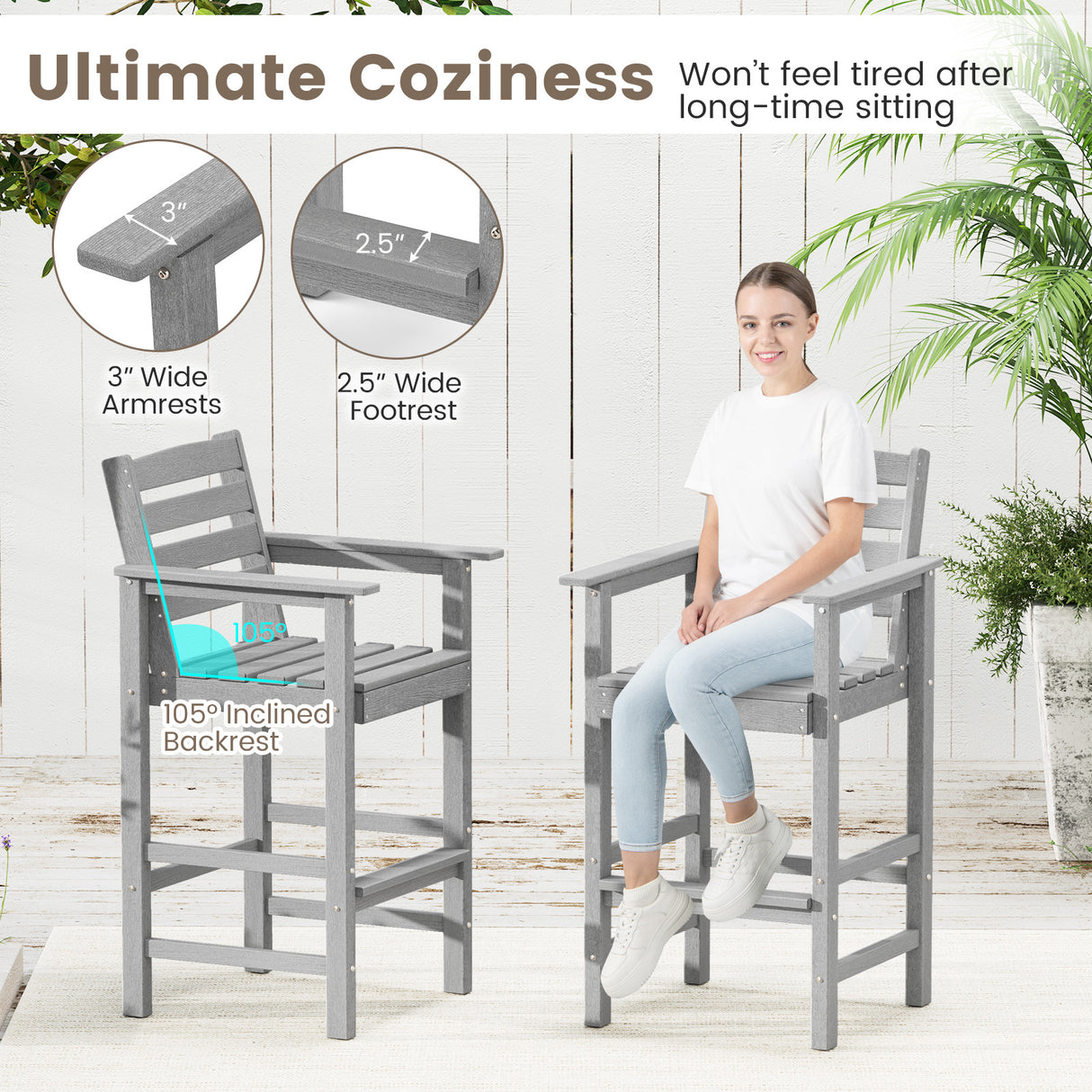 Patio HDPE Adirondack Bar Chairs Set of 2 with Wide Armrests