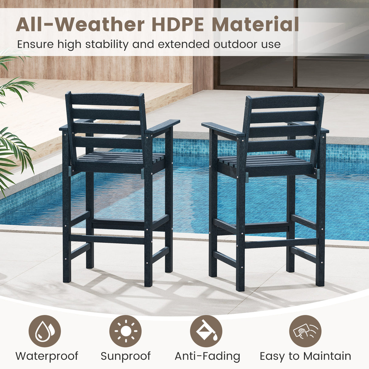 Patio HDPE Adirondack Bar Chairs Set of 2 with Wide Armrests
