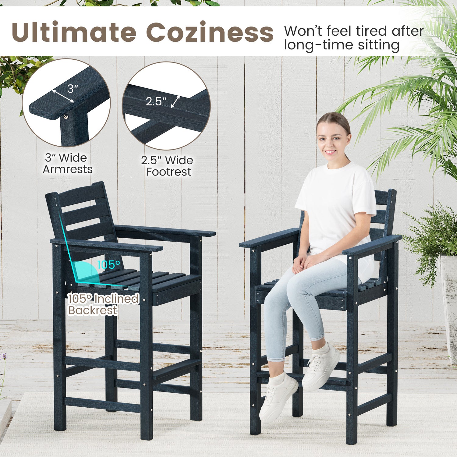 Patio HDPE Adirondack Bar Chairs Set of 2 with Wide Armrests