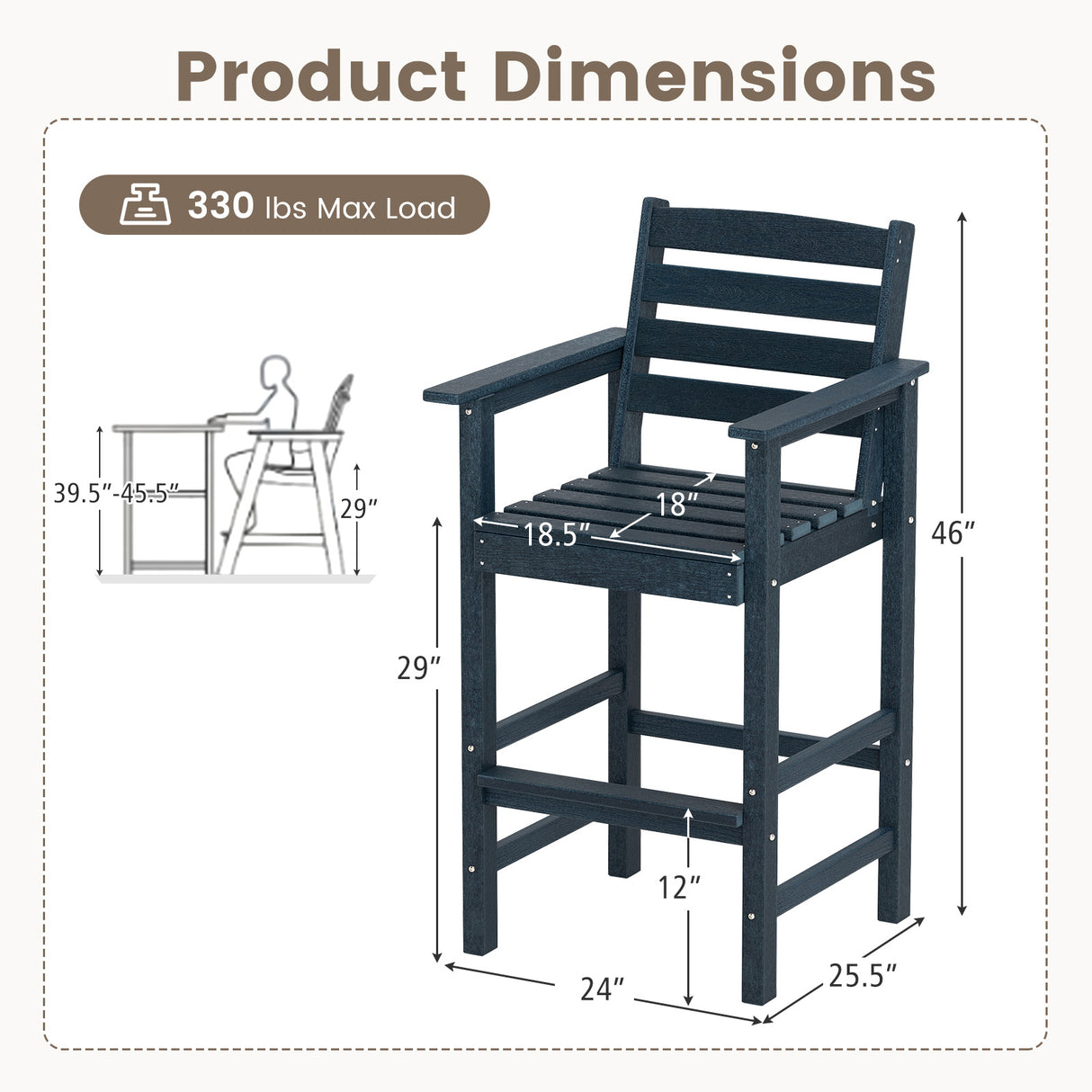Patio HDPE Adirondack Bar Chairs Set of 2 with Wide Armrests