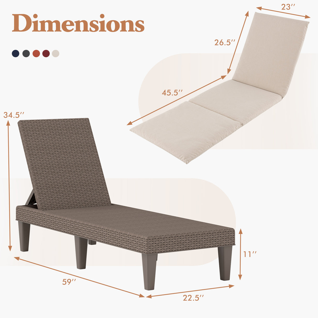 Patio Lounge Outdoor Recliner Chair with Cushion 3-Position Adjustable Backrest