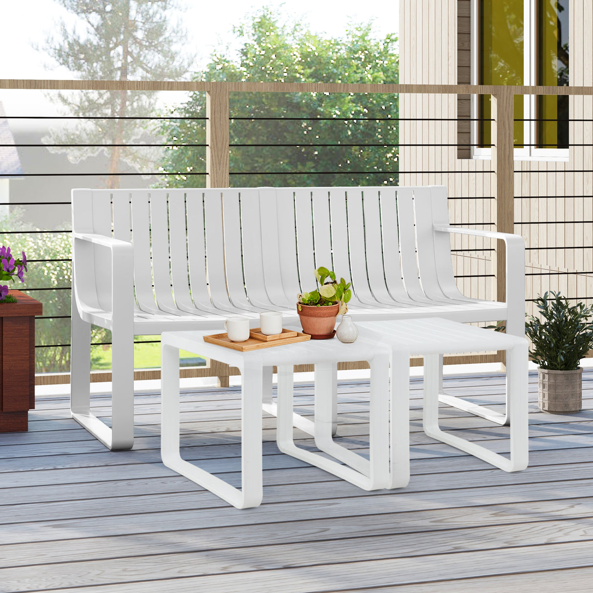 Weather-resistant Plastic 2-Person Bench with Curved Backrest