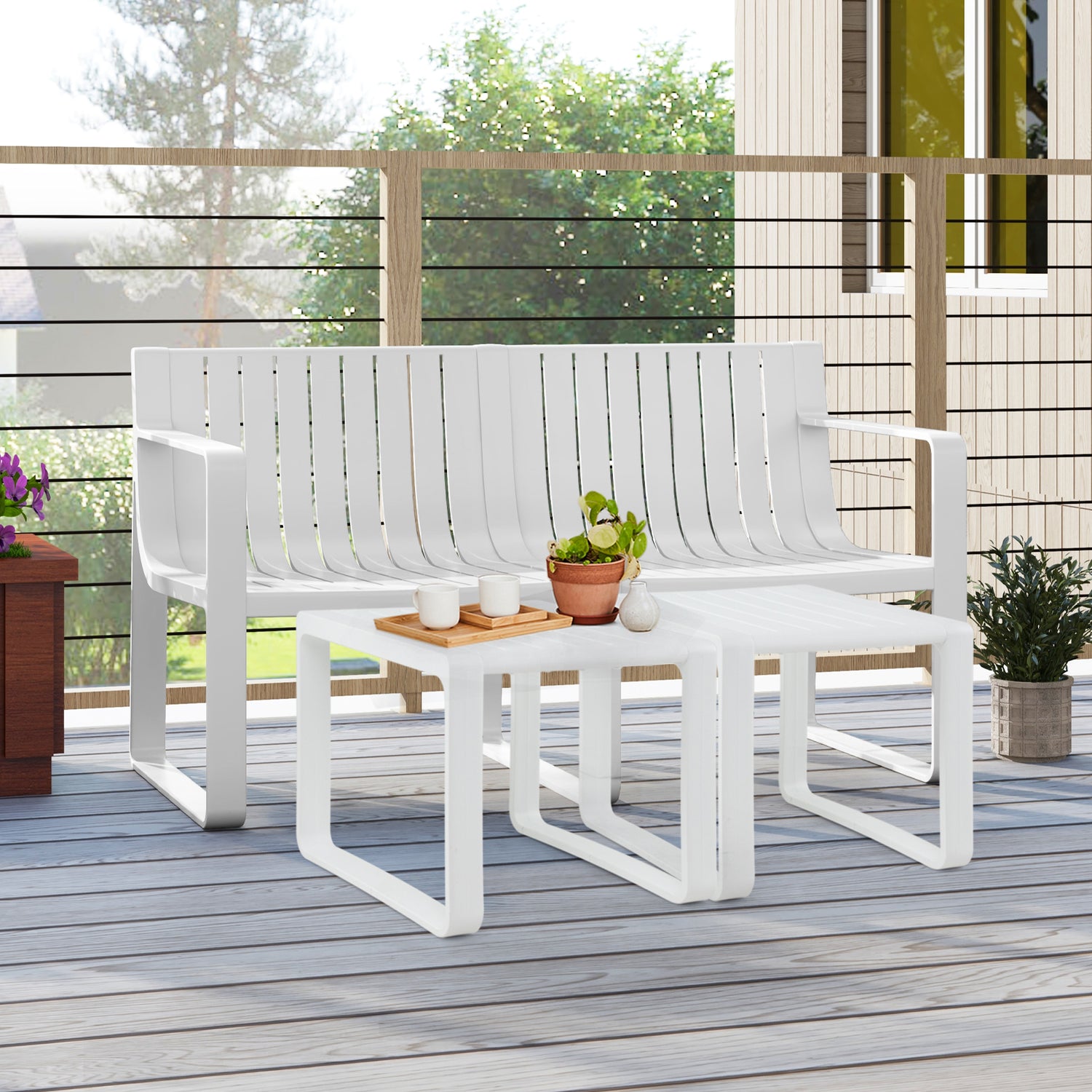 Weather-resistant Plastic 2-Person Bench with Curved Backrest